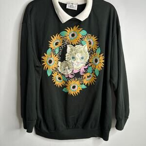 YS Studio Glittery cat and sunflower black pullover sweatshirt with collar‎